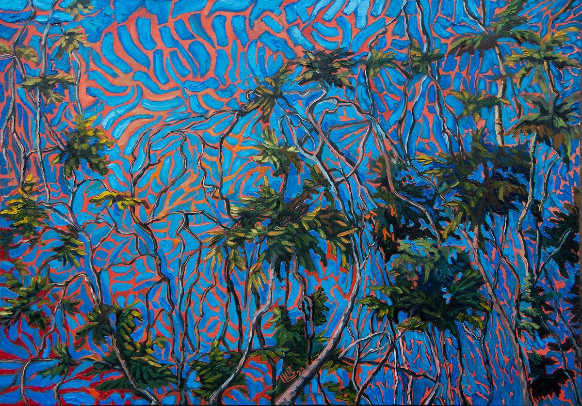 Impressionistic Landscape Oil Painting By Lilit Vardanyan, 39 X 28", Acacia After Sunset, Original Artwork