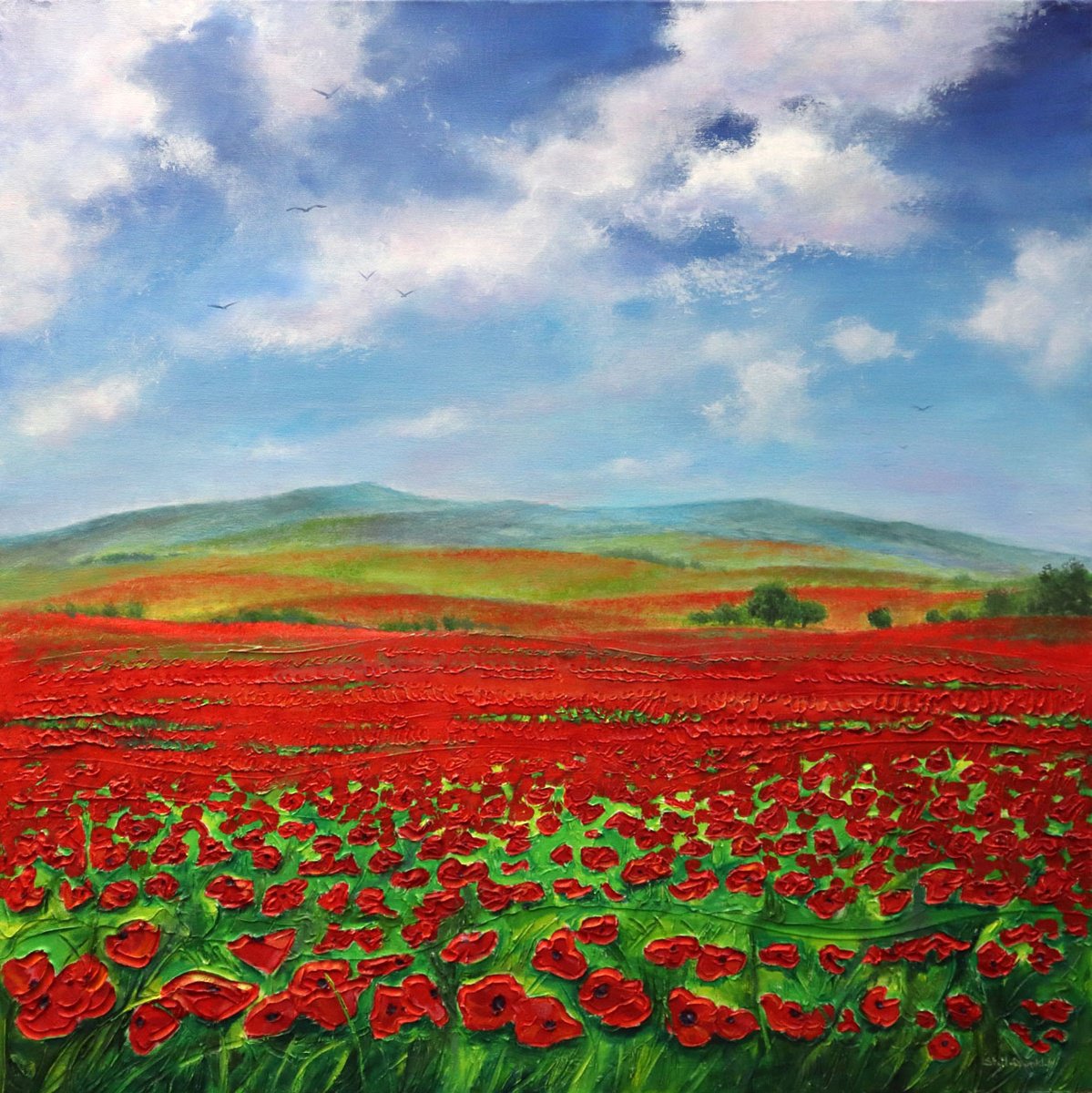 Impressionistic Landscape Acrylic Painting By Stella Dunkley, 28 X 28", Fields In Bloom, Original Artwork