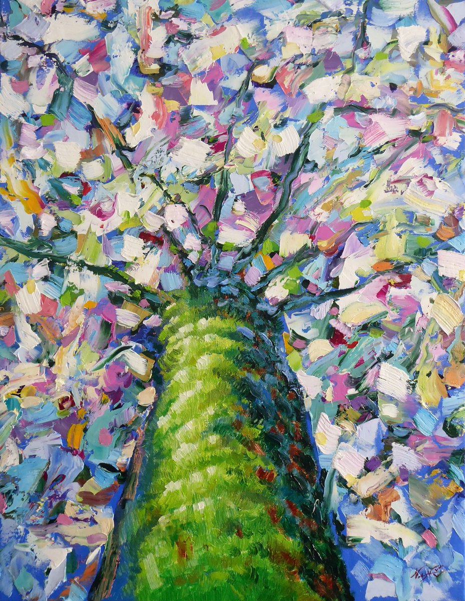Impressionistic Landscape Oil Painting By Narek Hambardzumyan, 20 X 26", Spring Tree, Original Artwork