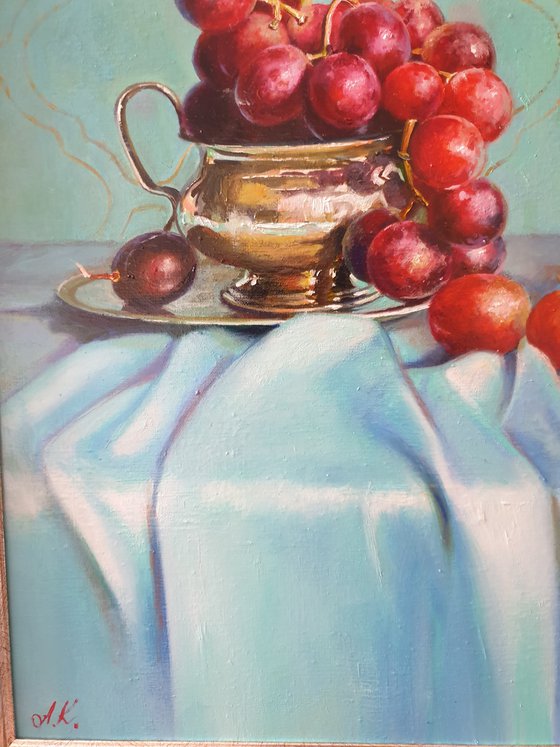 "A turquoise morning visiting Auntie Aishe."   still life pomegranate grape jug liGHt original painting PALETTE KNIFE  GIFT (2021)