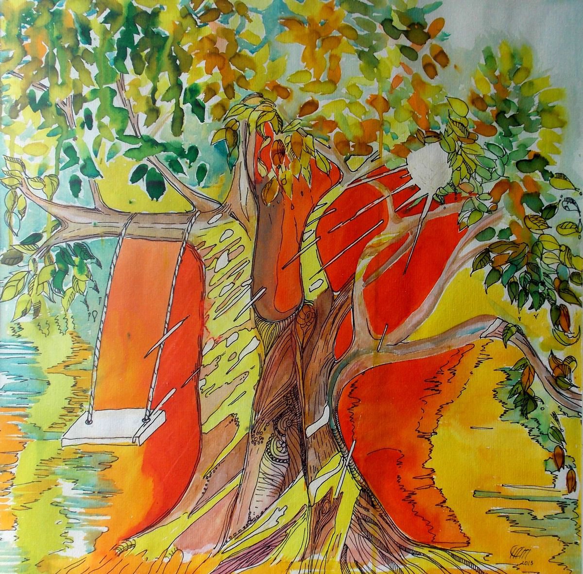 Impressionistic Landscape Painting By Maria Paunova, 18 X 18", Childhood, Original Artwork