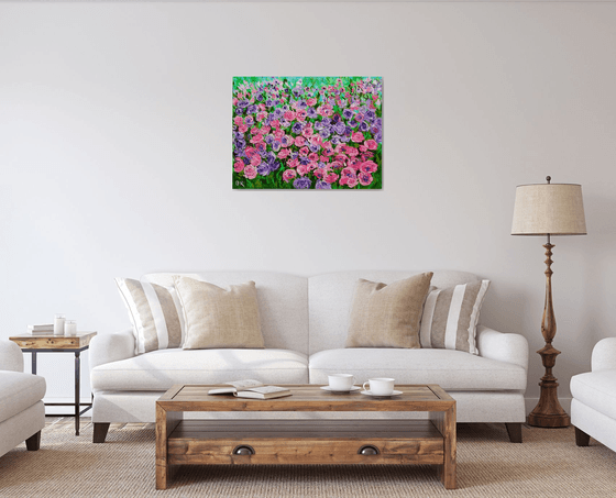 FIELD OF Happyness PURPLE PINK WHITE  ROSES  palette knife modern decor MEADOW OF FlOWERS, LANDSCAPE,  office home decor gift