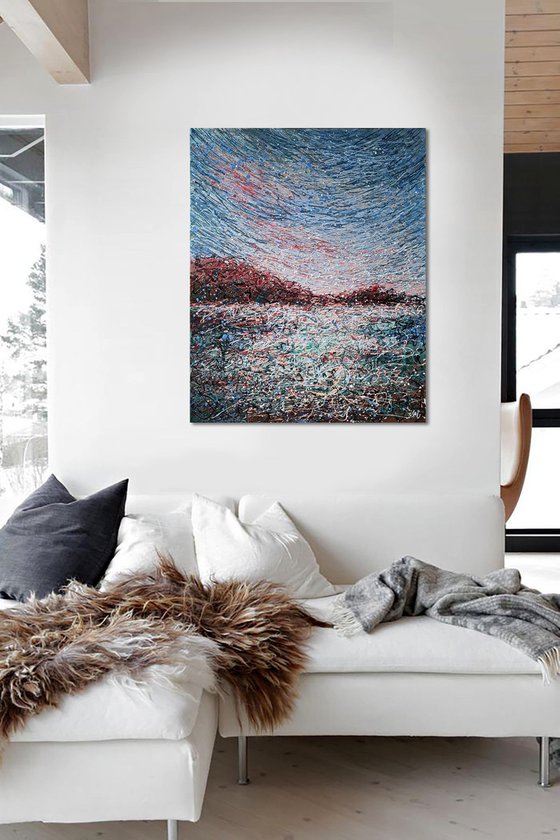 White black landscape Meditation Peaceful  beige blue abstract painting - Ready to hang
