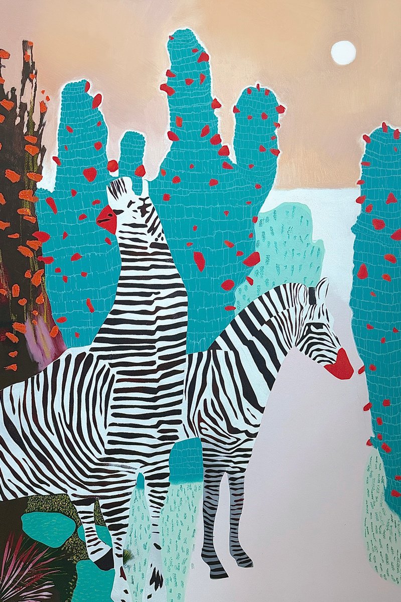 Abstract Animal Oil Painting By Elizaveta Pugacheva, 31 X 47, Zebras, Original Artwork