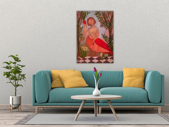 Sirens Art Modern Woman Nude, Bird Woman, canvas, oil - Garden guards 63x90 cm