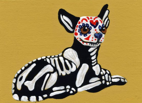 ACEO ATC Original Day of the Dead Sugar Skull Painting Chihuahua Pet Dog Art-Carla Smale