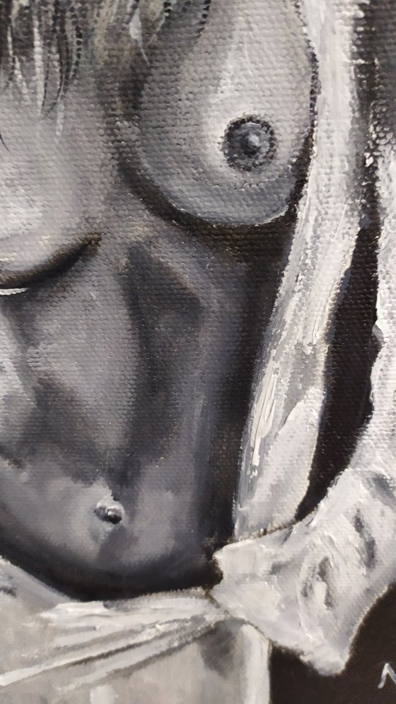 In the hood, nude erotic gestural oil painting, gift, black and white painting