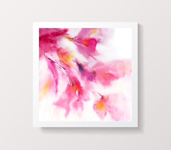 Pink abstract flowers, magenta watercolor floral painting