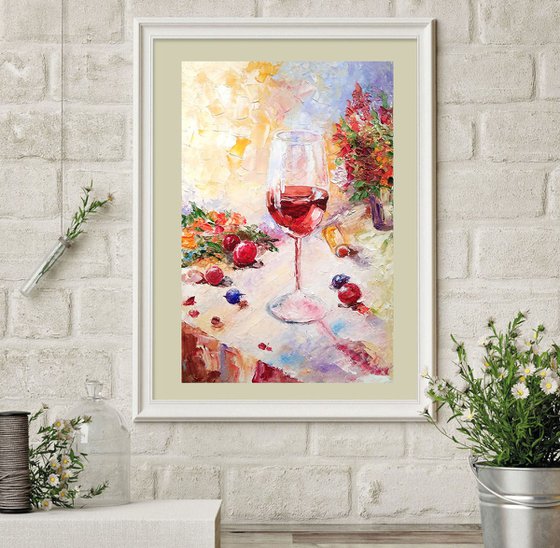 Wine Painting Original Art Fruit Wall Art Small Artwork Flower Still Life