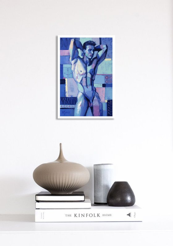 BLUE MALE TORSO by Yaroslav Sobol (Modern Abstract Figurative Oil painting of a Man Nude Male Model Gift Home Decor)