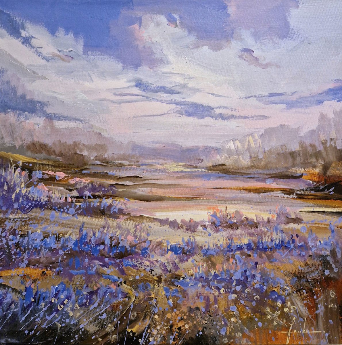 Impressionistic Landscape Acrylic Painting By Irina Laube, 20 X 20, Dancing Flowers, Original Artwork