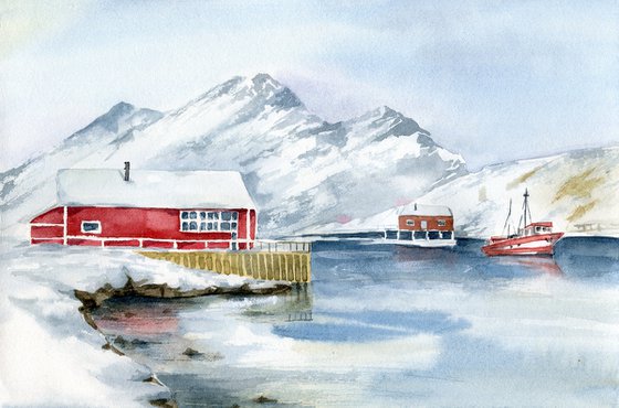 Scandinavian landscape with a red house by the sea. Original watercolor.