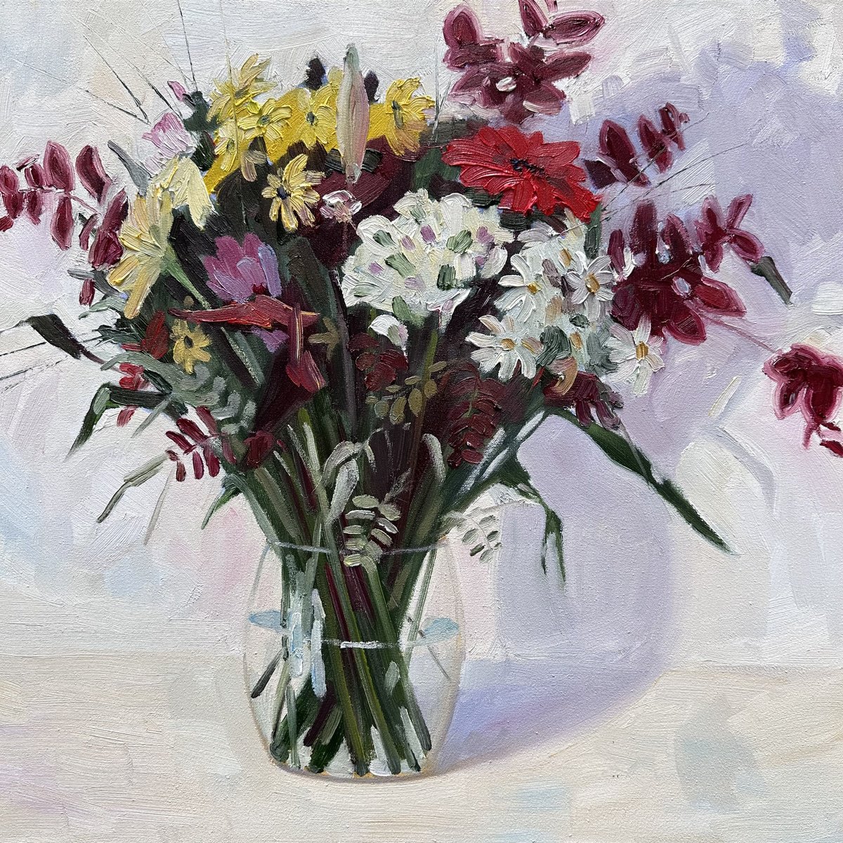Expressive Botanical Oil Painting By Nataliya Lemesheva, 12 X 12", Flowers On White, Original Artwork