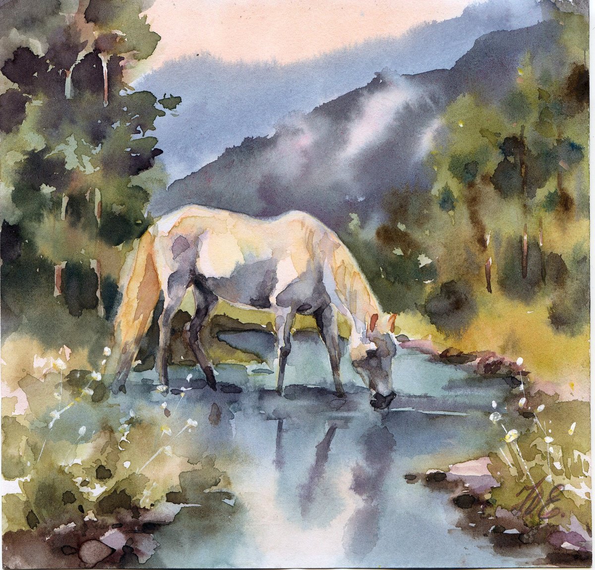 White horse at the forest river by Yulia Evsyukova