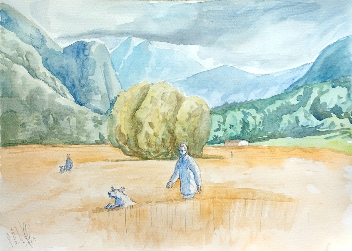 Illustrative Landscape Drawing By Paolo Beneforti, 17 X 12", Men And Dogs, Original Artwork