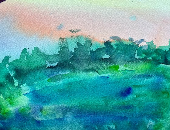 Bird Original Watercolor Painting, Landscape Artwork, Sunset Lake Art, Evening Scenery Picture