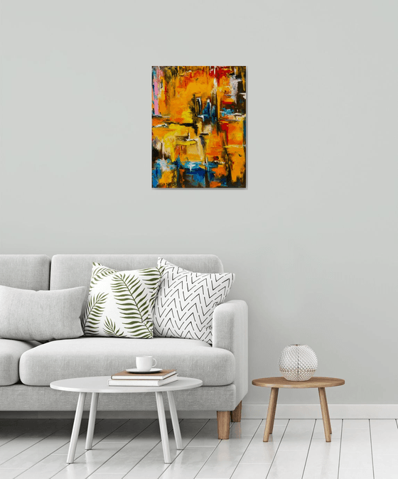 Modern Abstract City, orange sunset, palette knife original oil painting.