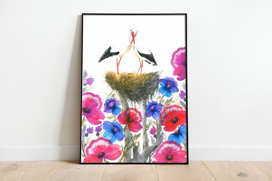 "Nest of Serenity"2, a pair of storks in a nest among a field of wild flowers on a sunny day