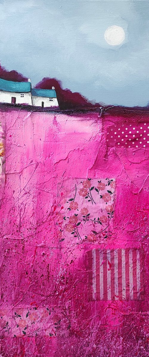 Little house on magenta pink patchwork field by Jane Palmer Art