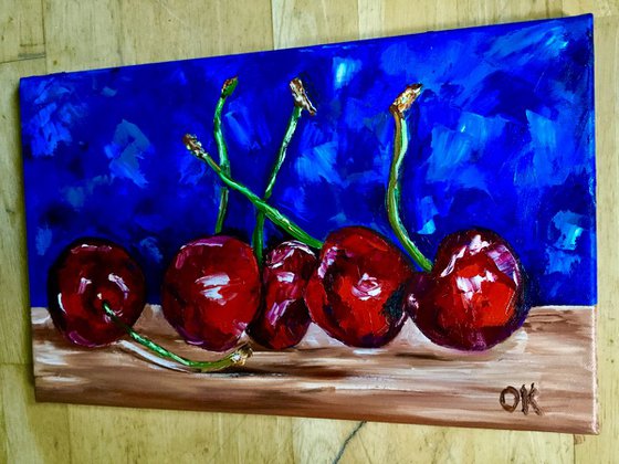 Cherries. Still life. Palette knife painting on linen canvas