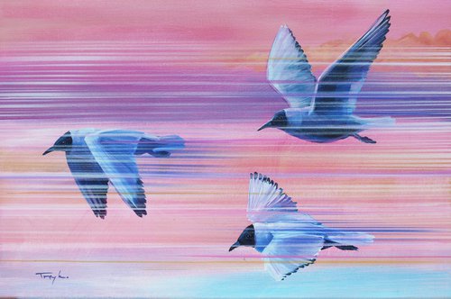 Birds Know the Way. Morning. Spring. Pink Sky. by Trayko Popov