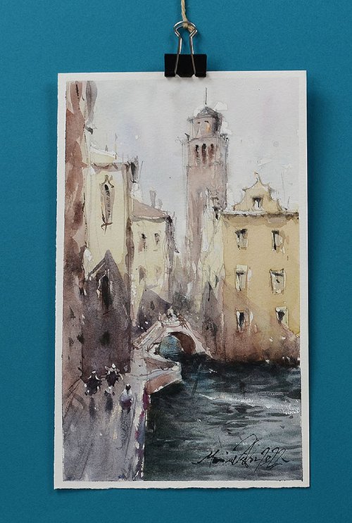 Silent Venice Landscape, Original Watercolor on Paper. by Marin Victor