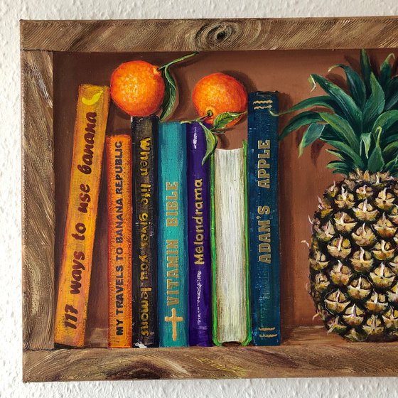 Bookshelf with fruits