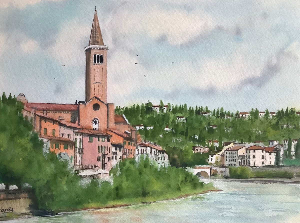 Impressionistic Landscape Watercolour By Darren Carey, 15 X 11, Verona Italy, Original Artwork