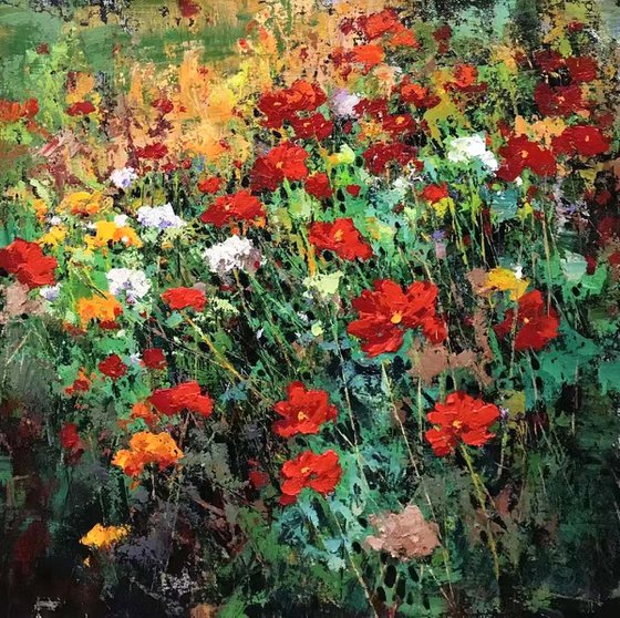 Still life oil painting:flowers in the garden