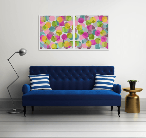 Abstract multicolored bright circles pink gray green turquoise- Diptych #1 & #2