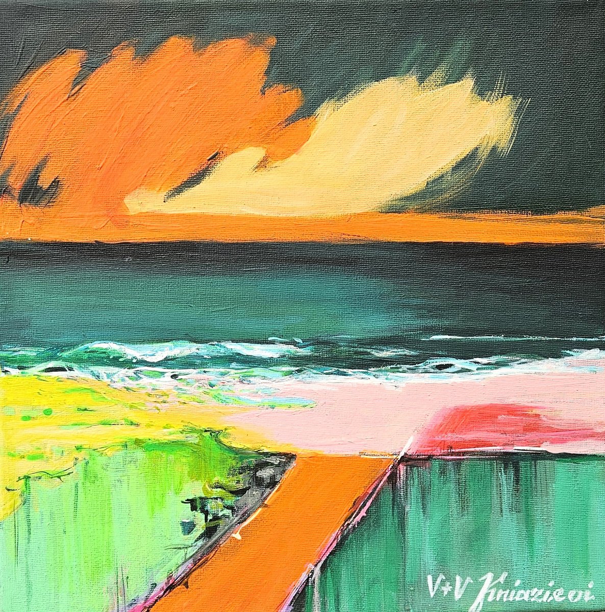 Abstract Landscape Acrylic Painting By V+V Kniazievi, 12 X 12", Warm Seascape #3, Original Artwork