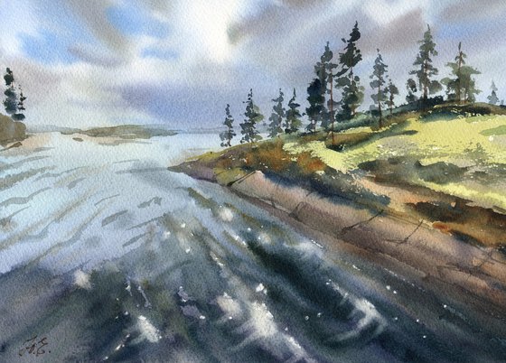 Forest river of Karelia, watercolor painting of water, pines and stones