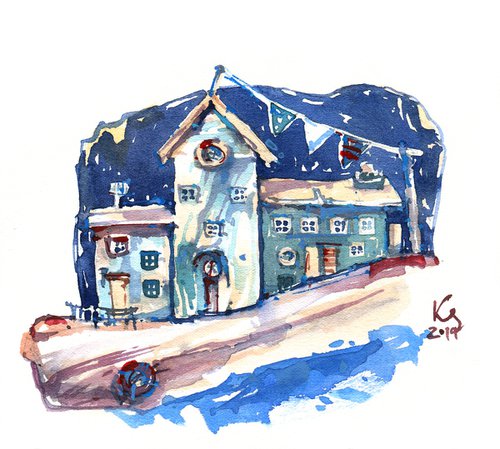 "Coastal lodges." watercolour in small format by Ksenia Selianko