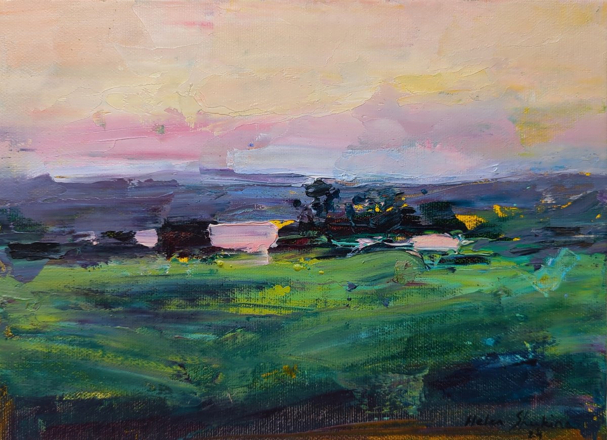 Impressionistic Landscape Oil Painting By Helen Shukina, 10 X 7, Sunset Over The Dnieper, Original Artwork
