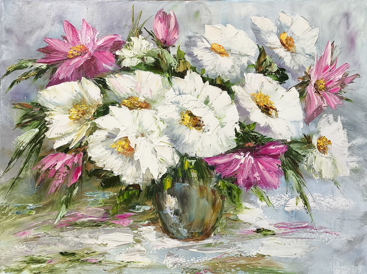 Impressionistic Botanical Oil Painting By Anush Emiryan, 31 X 24, Petals Of Joy, Original Artwork