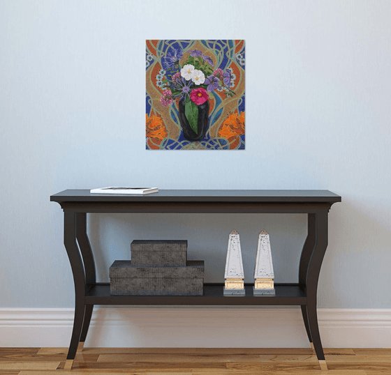Mixed Flowers in a Green Vase