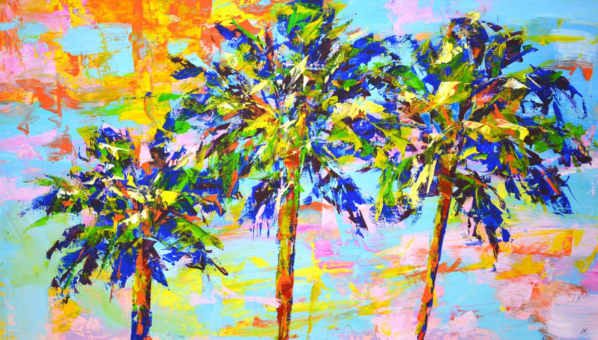Expressive Landscape Acrylic Painting By Iryna Kastsova, 51 X 28, Palm Trees 3., Original Artwork