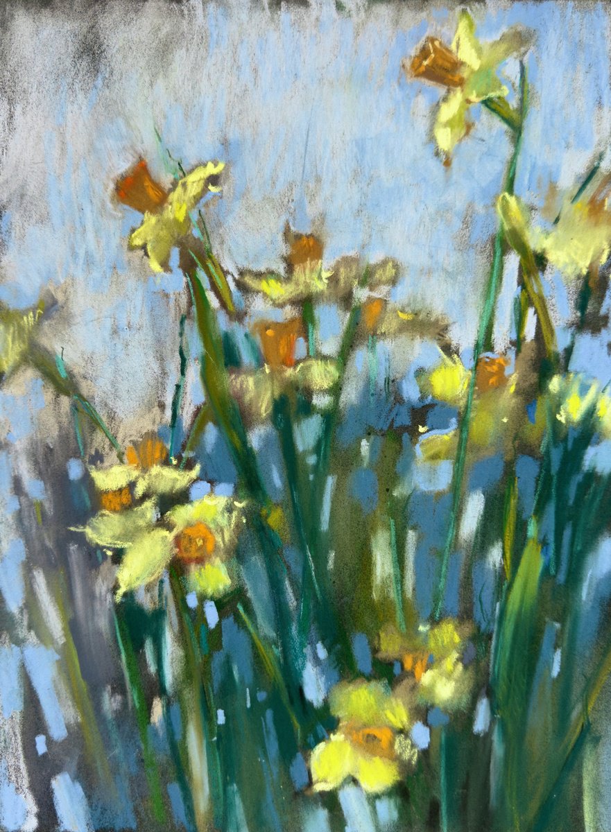 Impressionistic Pastel Drawing , Spring Flowers. Daffodils By Olha Laptieva, 12 X 16, Artwork For Sale On Artfinder