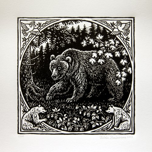 Bear linocut print. by Valdis Baskirovs