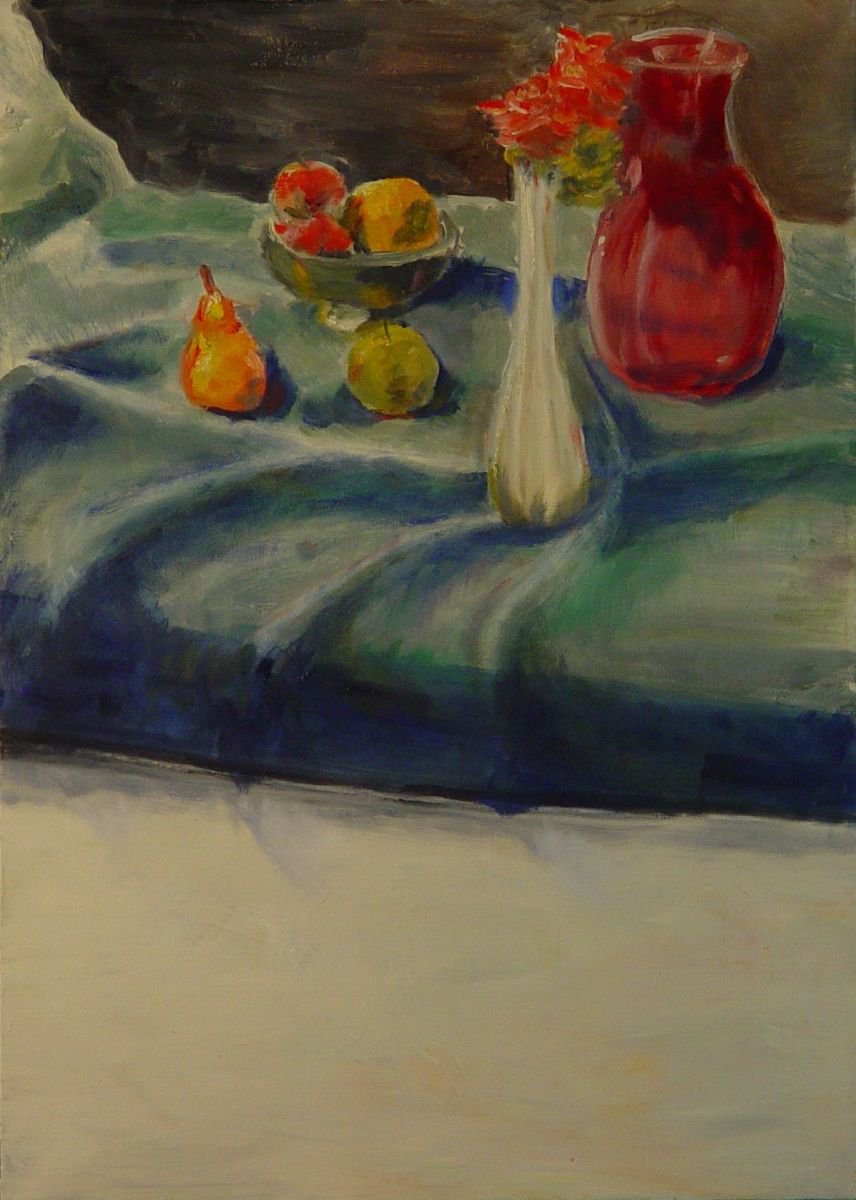 Expressive Still Life Oil Painting By Leon Sarantos, 20 X 28", Fruit And Vases On Blue Cloth, Original Artwork