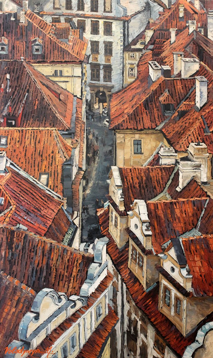 Impressionistic Cityscapes Oil Painting By Volodymyr Melnychuk, 24 X 39", Old City Rooftops #3, Original Artwork