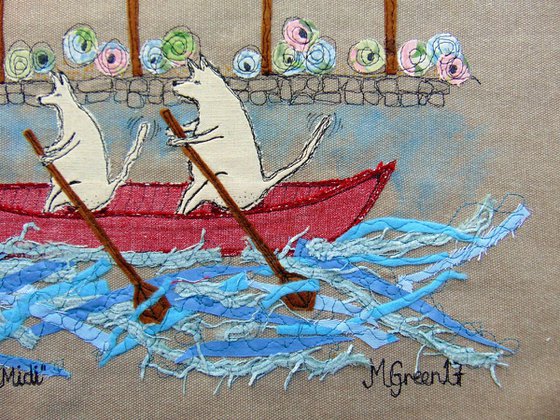 "Canoeing on Canal du Midi" - textile collage