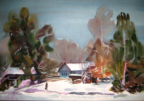 Breath of the winter, large watercolor painting 68x98cm