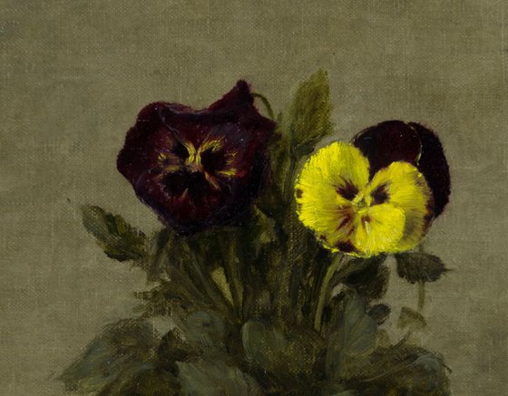 Pansies and violets from my garden, 30x40 cm, oil on canvas, 2018, original classic still life, handmade