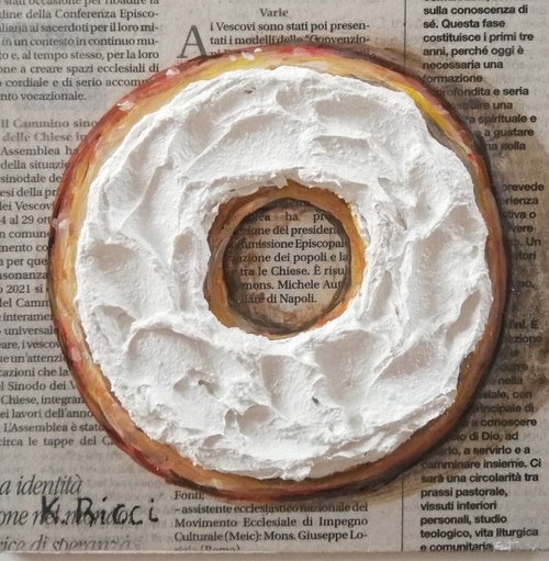 "Toast with Cream Cheese" Original Acrylic on Wooden Board Painting 6 by 6 inches (15x15 cm) by Katia Ricci