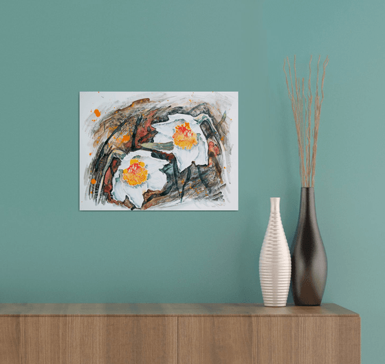 Two daffodils on a background of black earth- floral watercolor painting for the interior of the office and home, for gentle ladies