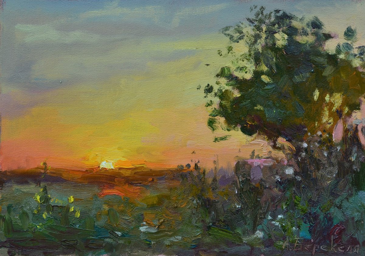 Impressionistic Landscape Oil Painting By Andriy Berekelia, 14 X 10, Tranquil Sunset Harmony, Original Artwork