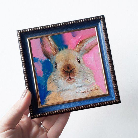Small framed art brown nose rabbit oil painting original in blue frame 4x4 inch