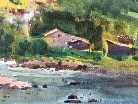 Summer landscape painting with river