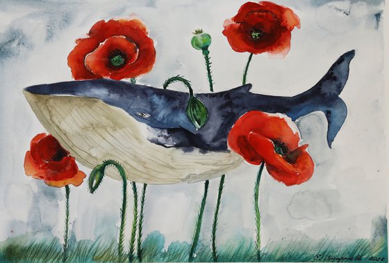 Whale With Poppy Flowers